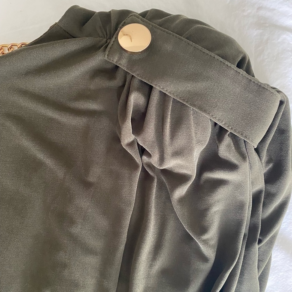 Retrofete- Olive Green “Chessie” Mini Bodycon Dress with Gold Chain Detail - Picture 7 of 14